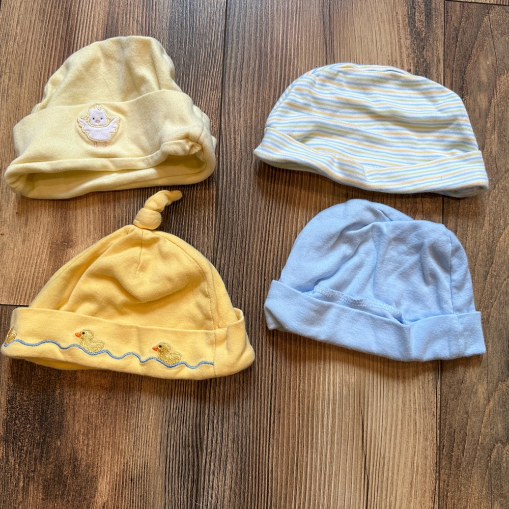 Lot of 4 Baby Hats Infant One Size Yellow Blue
